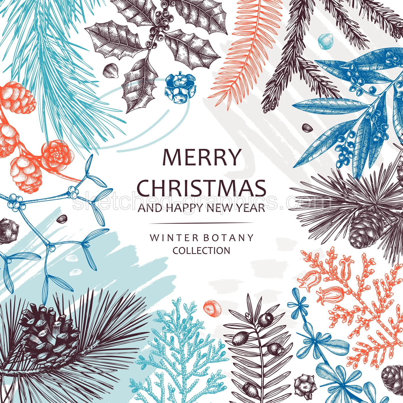 Merry Christmas card. Collage-style banner with evergreen plants, conifers, and nuts drawing. Winter design with hand-drawn botanical illustrations. Trendy Christmas background, New Year card template Illustration